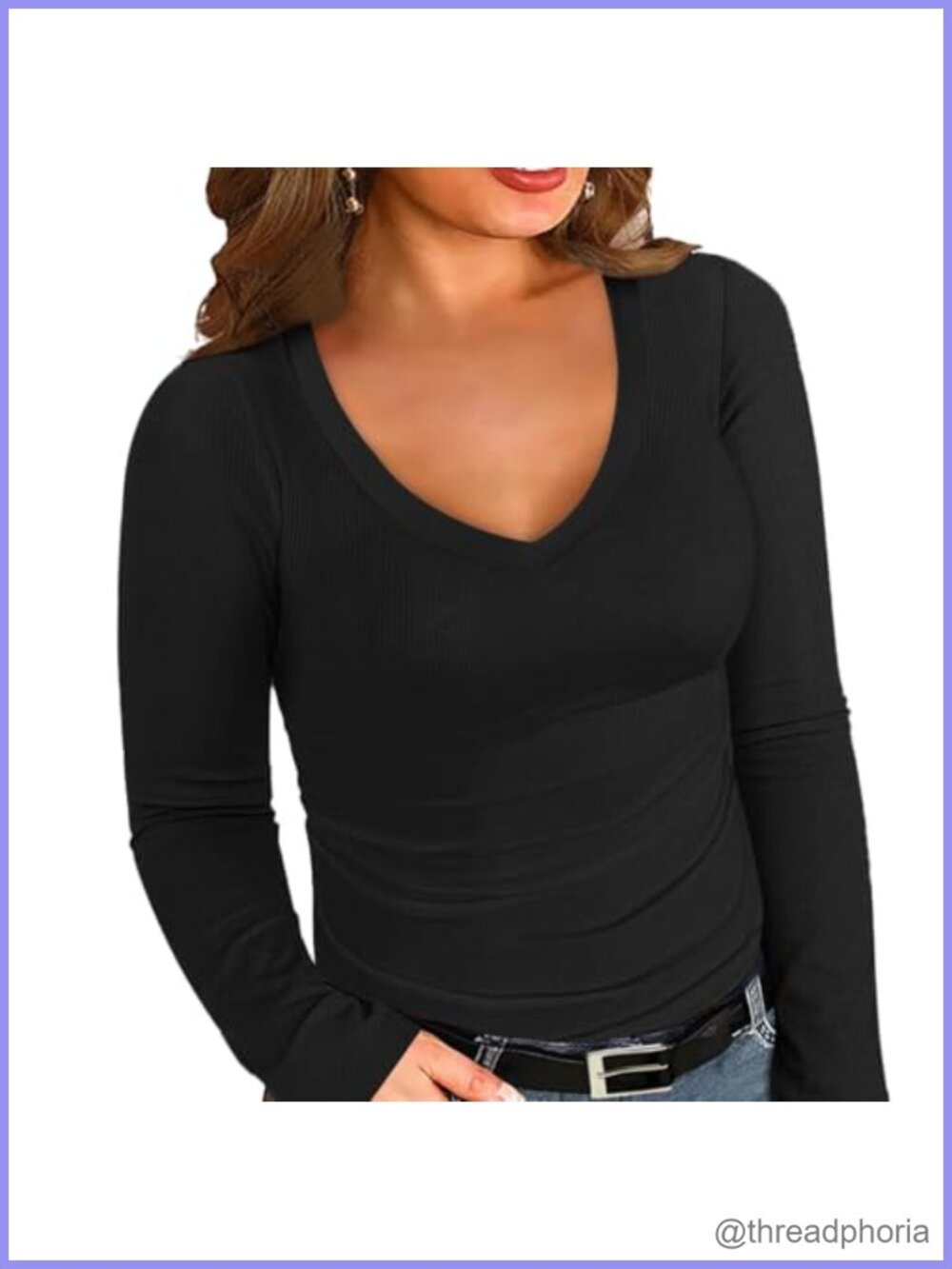 Womens Plus Size Ribbed Long Sleeve V Neck Tee